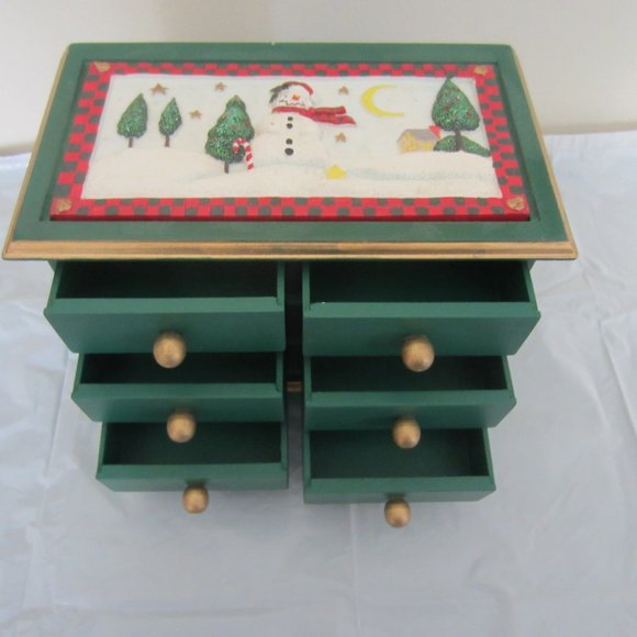 Christmas Holiday Wood Painted Snowman Small 6 Drawer Jewelry Trinket Box - Picture 7 of 11